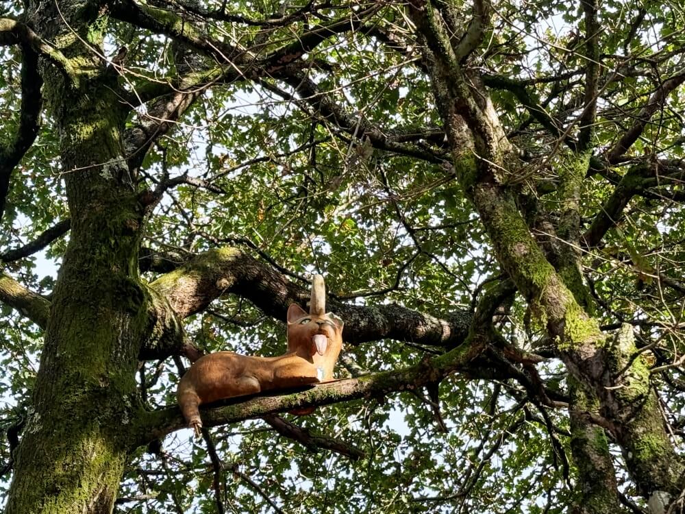 Apoyado en una rama está el Gatipedro, un gato naranja con cuerno sacandooslos la lengua, esta acostado como si estuviese viendo las vistas 