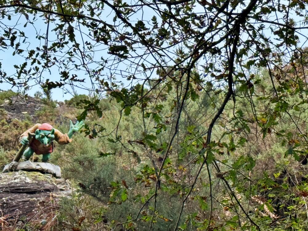 Se ve mucha vegetación y en el lado izquierdo de la imagen la escultura del Tardo, que es una especie de duende verde con gorro rojo y un bastón 
