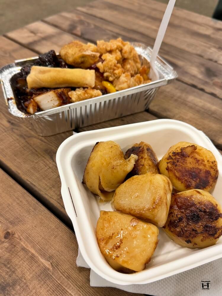 se ven dos tupers de comida, uno con gyozas y otro con comida china 