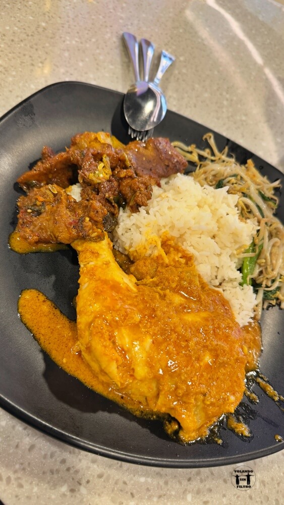 Plato de nasi lemak: se puede ver pollo, arroz y verduras. 