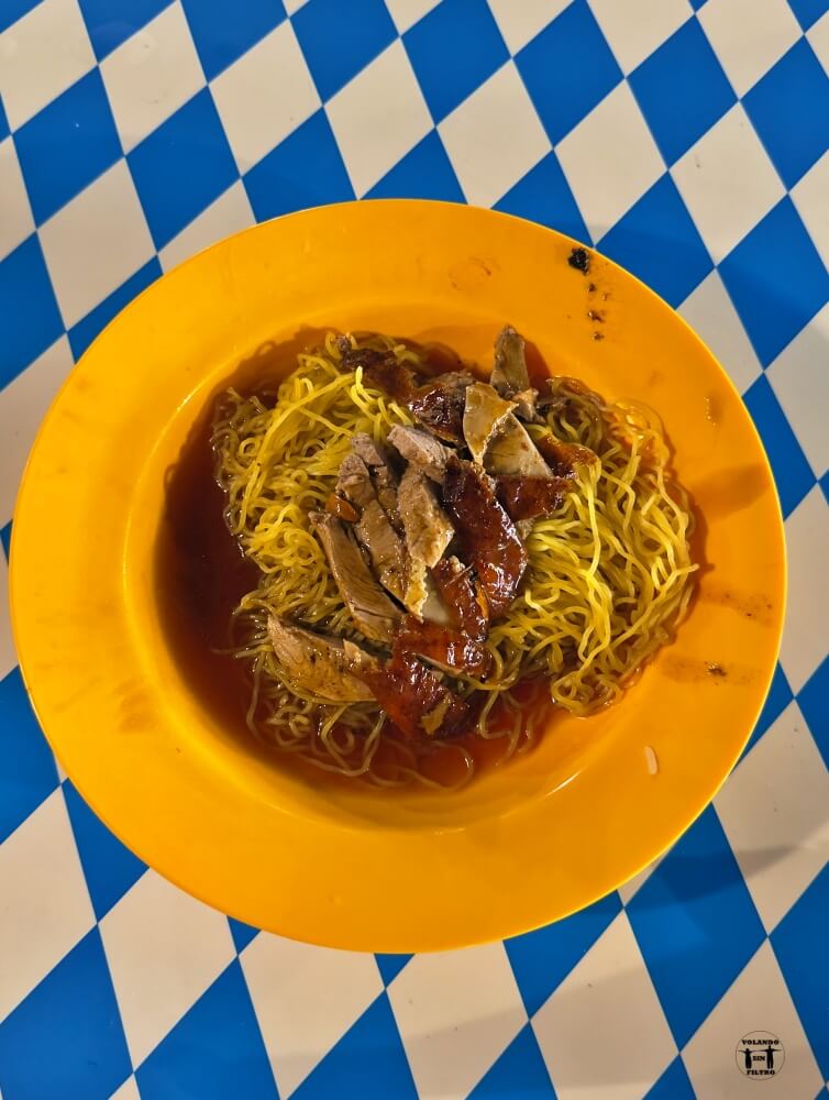 Plato de fideos con pato sobre una mesa azul de cuadros. 